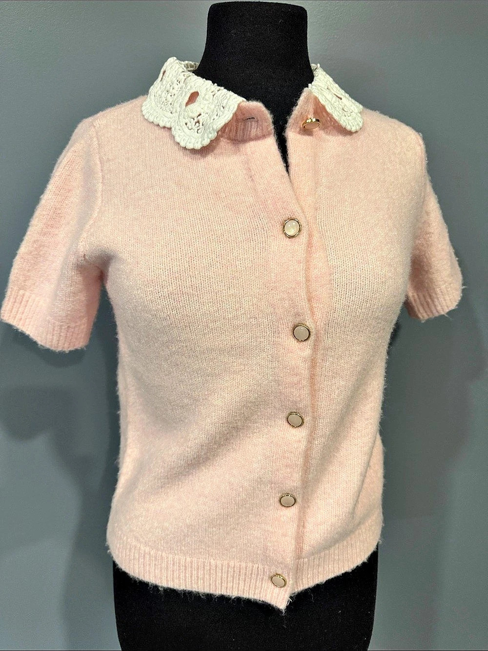 joie Pink Crochet Collar Short Sleeve Sweater Size XS NWT